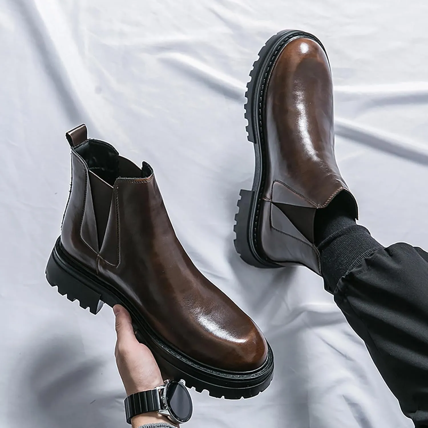 Men's leather platform lug sole slip-on Chelsea Boots Retro Casua High Top Round Toe Elastic Dress ankle Boots Comfortable Non-Slip Business Ankle Boots
