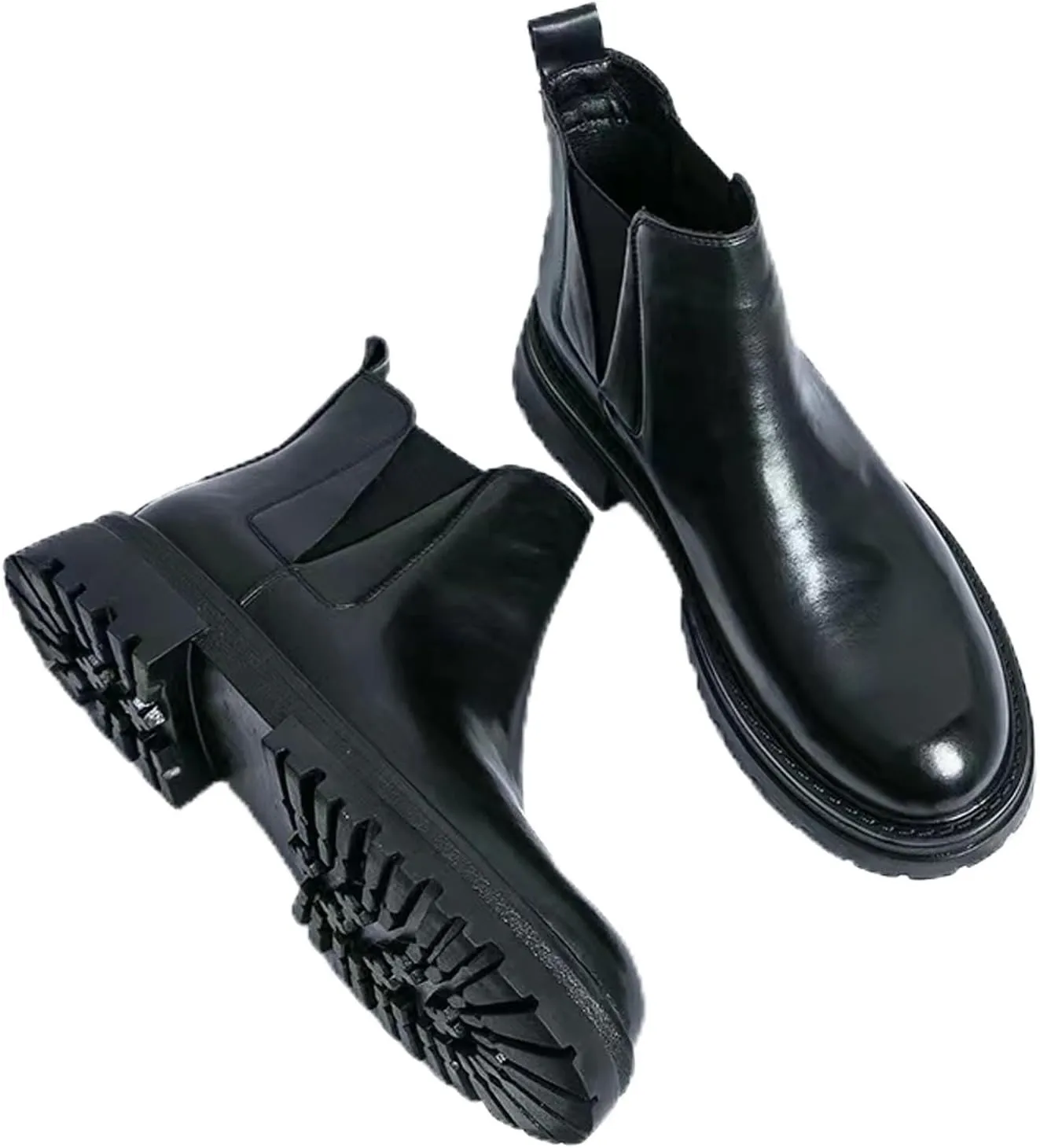 Men's leather platform lug sole slip-on Chelsea Boots Retro Casua High Top Round Toe Elastic Dress ankle Boots Comfortable Non-Slip Business Ankle Boots