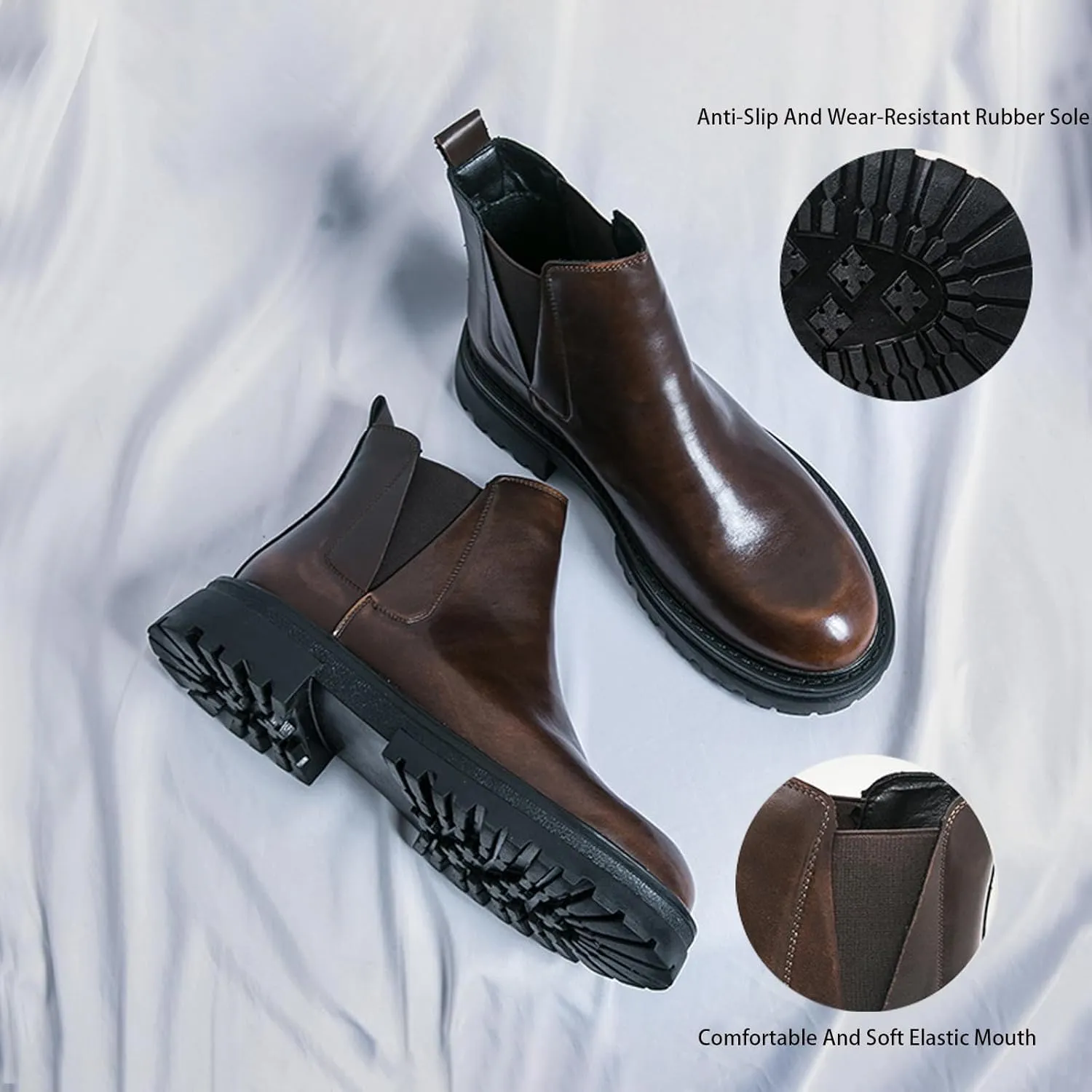 Men's leather platform lug sole slip-on Chelsea Boots Retro Casua High Top Round Toe Elastic Dress ankle Boots Comfortable Non-Slip Business Ankle Boots