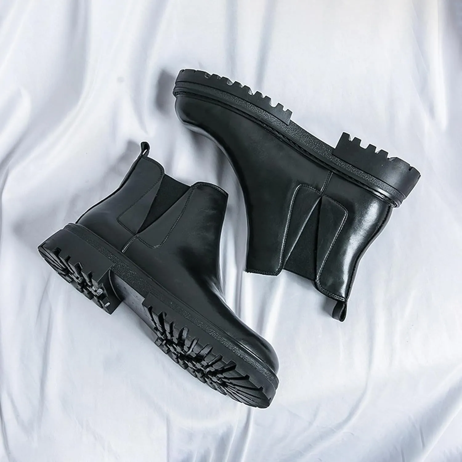 Men's leather platform lug sole slip-on Chelsea Boots Retro Casua High Top Round Toe Elastic Dress ankle Boots Comfortable Non-Slip Business Ankle Boots
