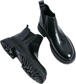Men's leather platform lug sole slip-on Chelsea Boots Retro Casua High Top Round Toe Elastic Dress ankle Boots Comfortable Non-Slip Business Ankle Boots