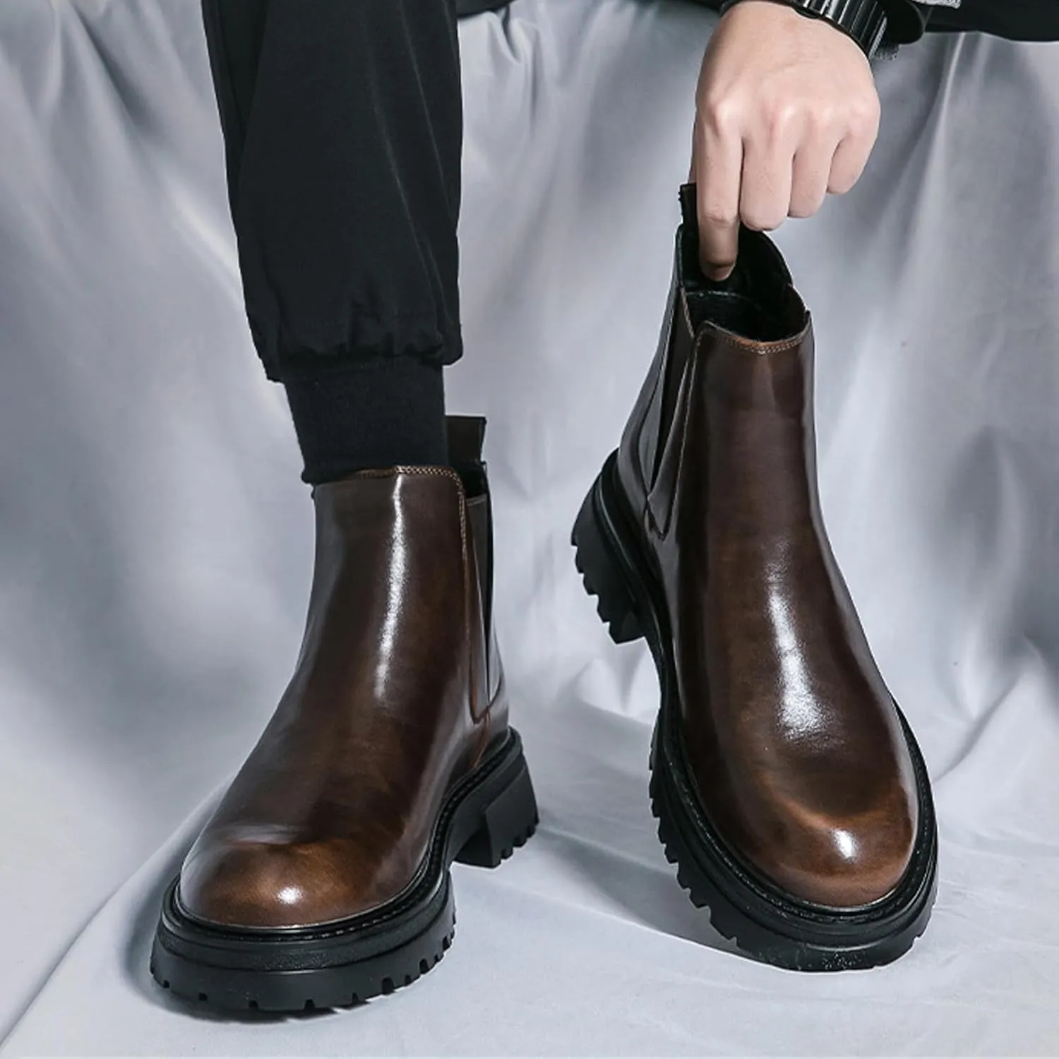 Men's leather platform lug sole slip-on Chelsea Boots Retro Casua High Top Round Toe Elastic Dress ankle Boots Comfortable Non-Slip Business Ankle Boots