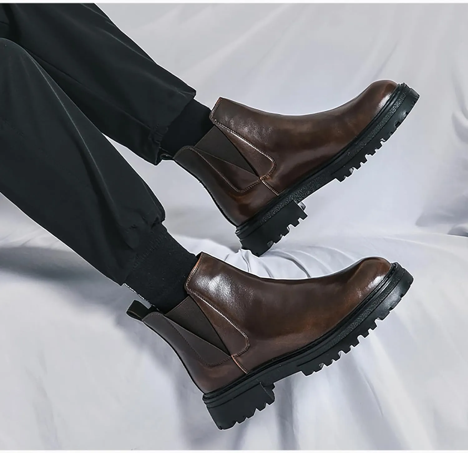 Men's leather platform lug sole slip-on Chelsea Boots Retro Casua High Top Round Toe Elastic Dress ankle Boots Comfortable Non-Slip Business Ankle Boots