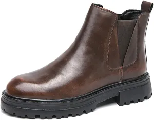 Men's leather platform lug sole slip-on Chelsea Boots Retro Casua High Top Round Toe Elastic Dress ankle Boots Comfortable Non-Slip Business Ankle Boots