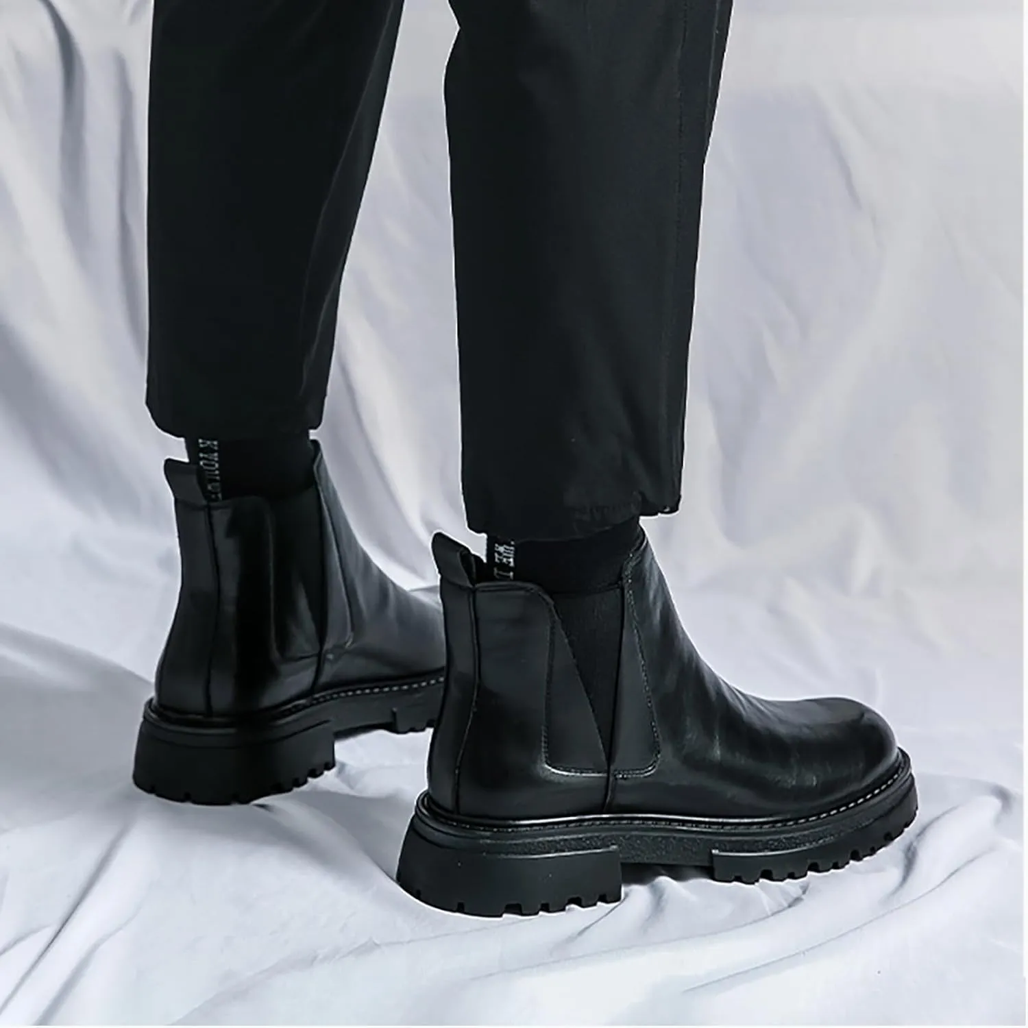 Men's leather platform lug sole slip-on Chelsea Boots Retro Casua High Top Round Toe Elastic Dress ankle Boots Comfortable Non-Slip Business Ankle Boots
