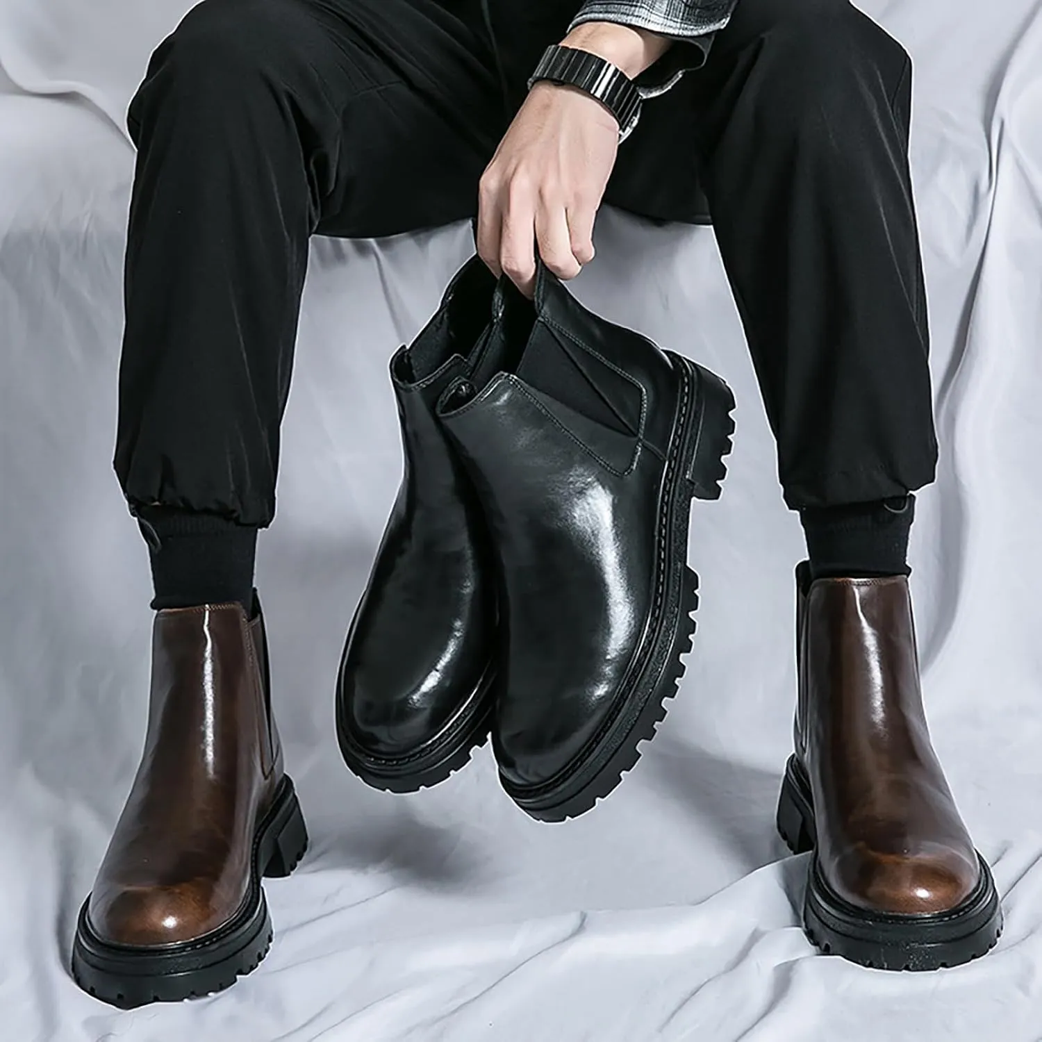 Men's leather platform lug sole slip-on Chelsea Boots Retro Casua High Top Round Toe Elastic Dress ankle Boots Comfortable Non-Slip Business Ankle Boots