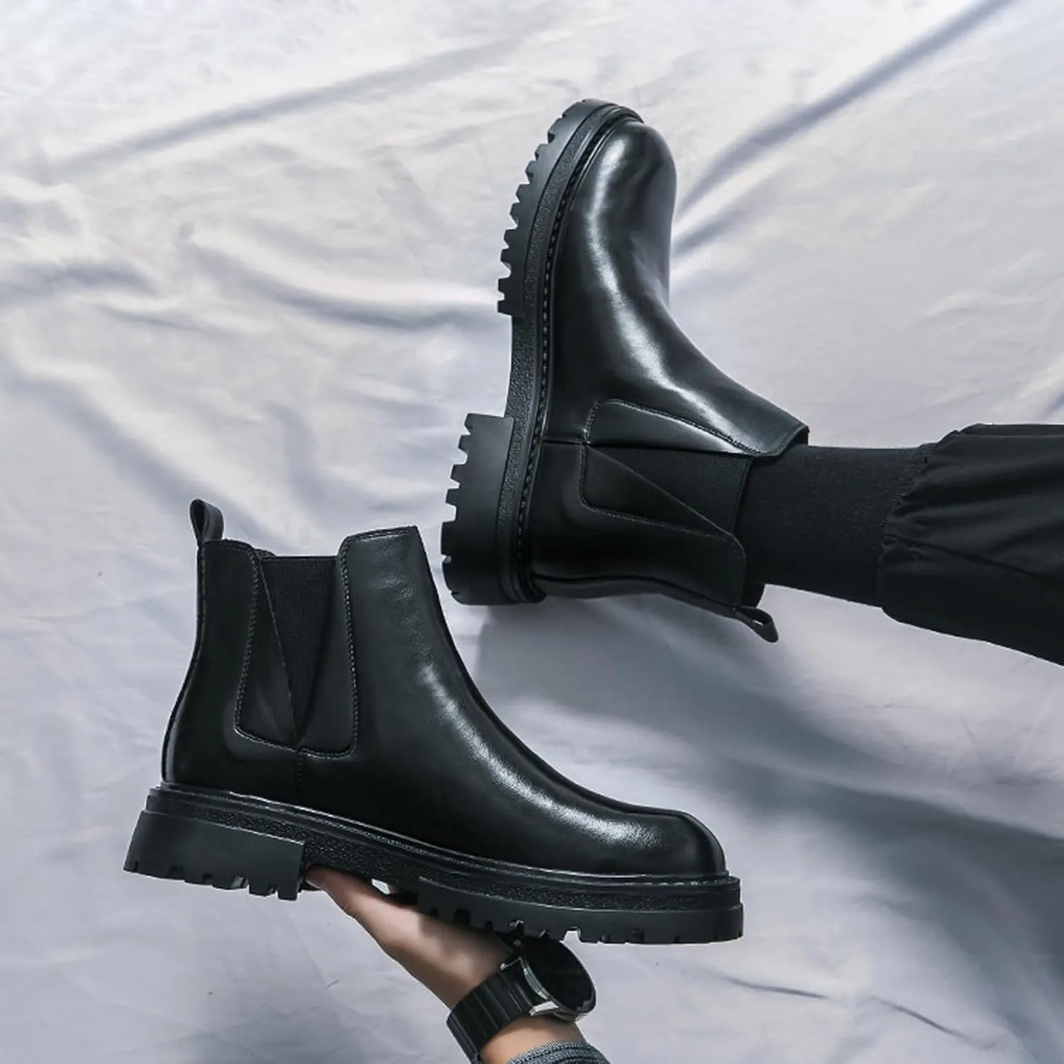 Men's leather platform lug sole slip-on Chelsea Boots Retro Casua High Top Round Toe Elastic Dress ankle Boots Comfortable Non-Slip Business Ankle Boots