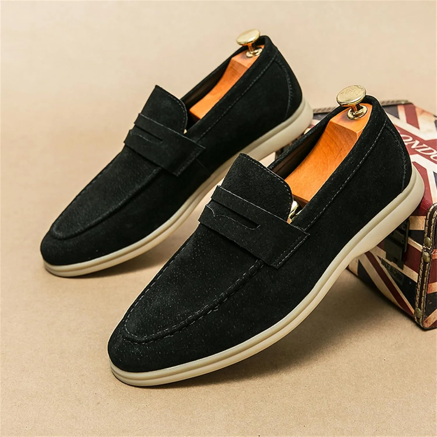 Men's Retro Business Formal Leather Penny Loafers Slip on Flat Lightweight Driving Boat Shoes
