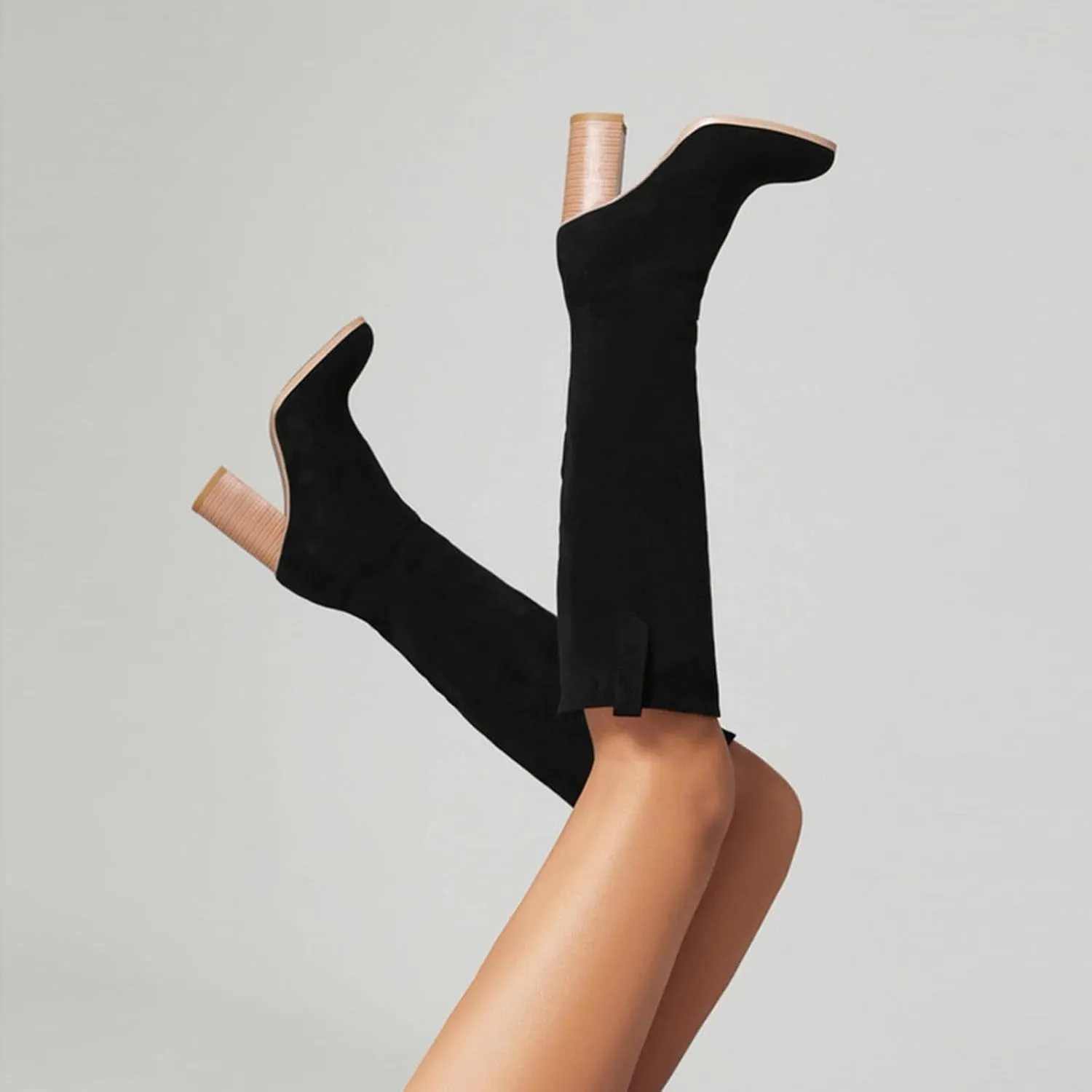 Mid Calf Boots Women Suede Boots Women's Fashion Round Toe High Heel Suede Boots Solid Color Non Slip Slip On Boots