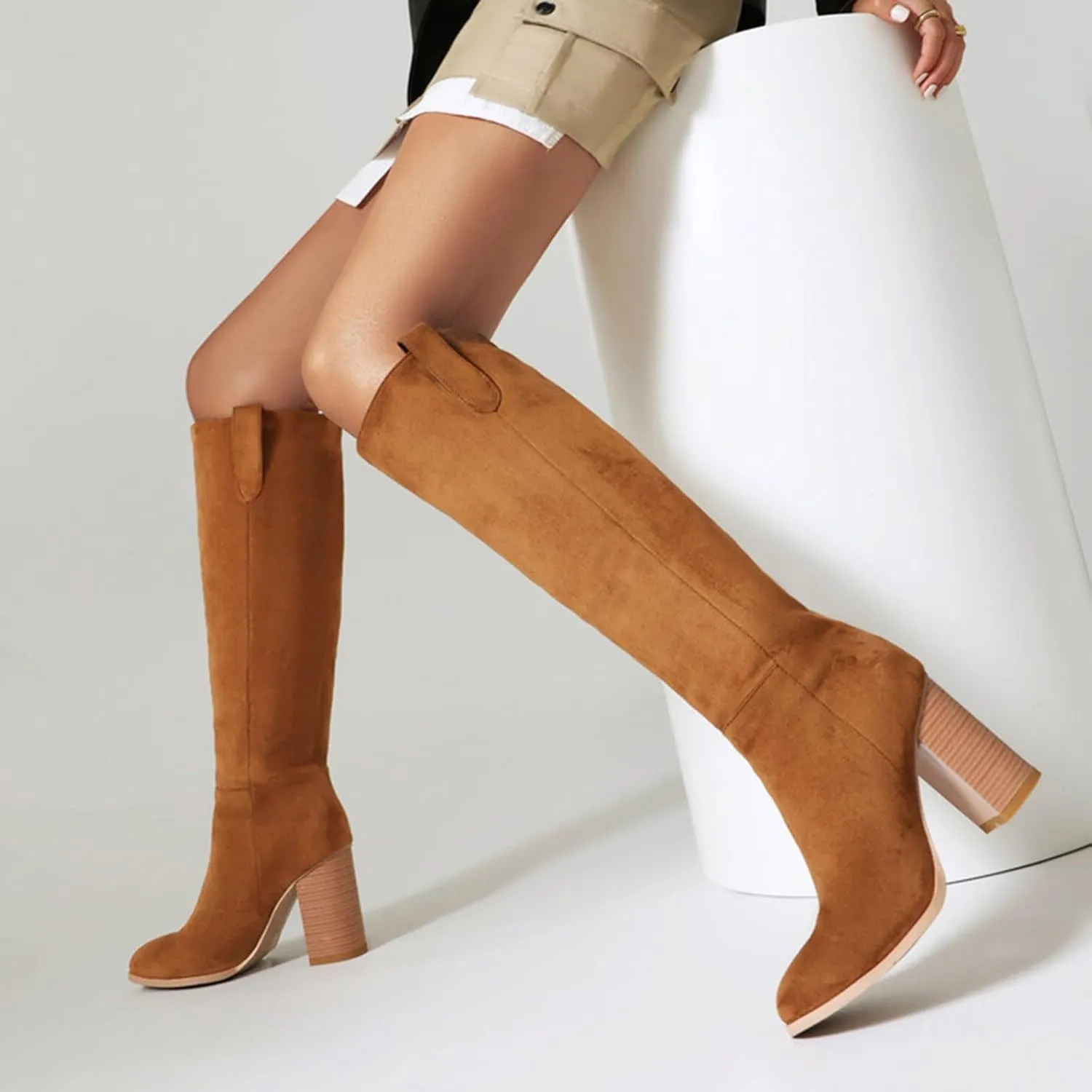 Mid Calf Boots Women Suede Boots Women's Fashion Round Toe High Heel Suede Boots Solid Color Non Slip Slip On Boots