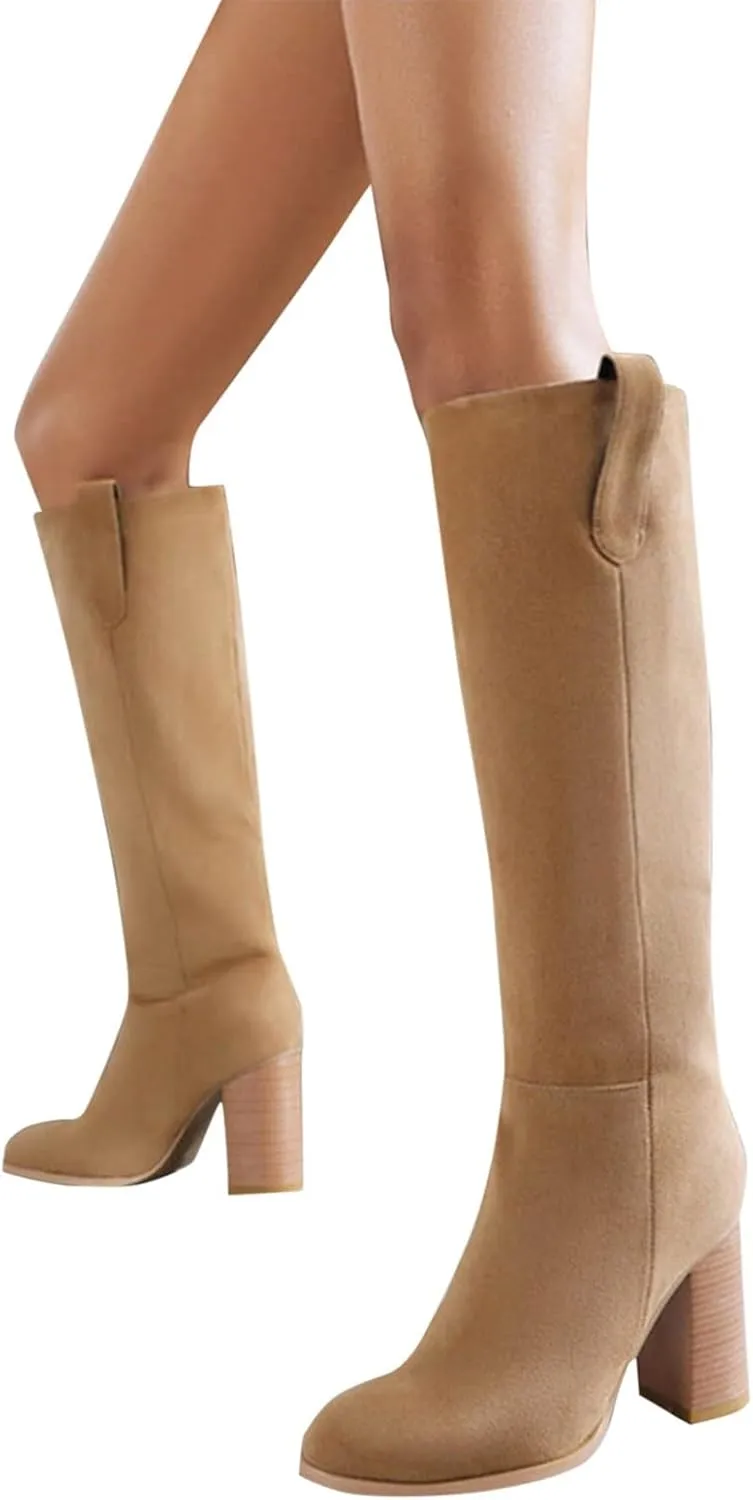 Mid Calf Boots Women Suede Boots Women's Fashion Round Toe High Heel Suede Boots Solid Color Non Slip Slip On Boots