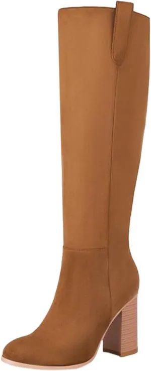 Mid Calf Boots Women Suede Boots Women's Fashion Round Toe High Heel Suede Boots Solid Color Non Slip Slip On Boots
