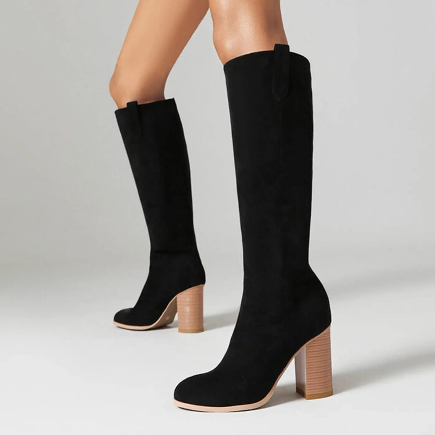 Mid Calf Boots Women Suede Boots Women's Fashion Round Toe High Heel Suede Boots Solid Color Non Slip Slip On Boots