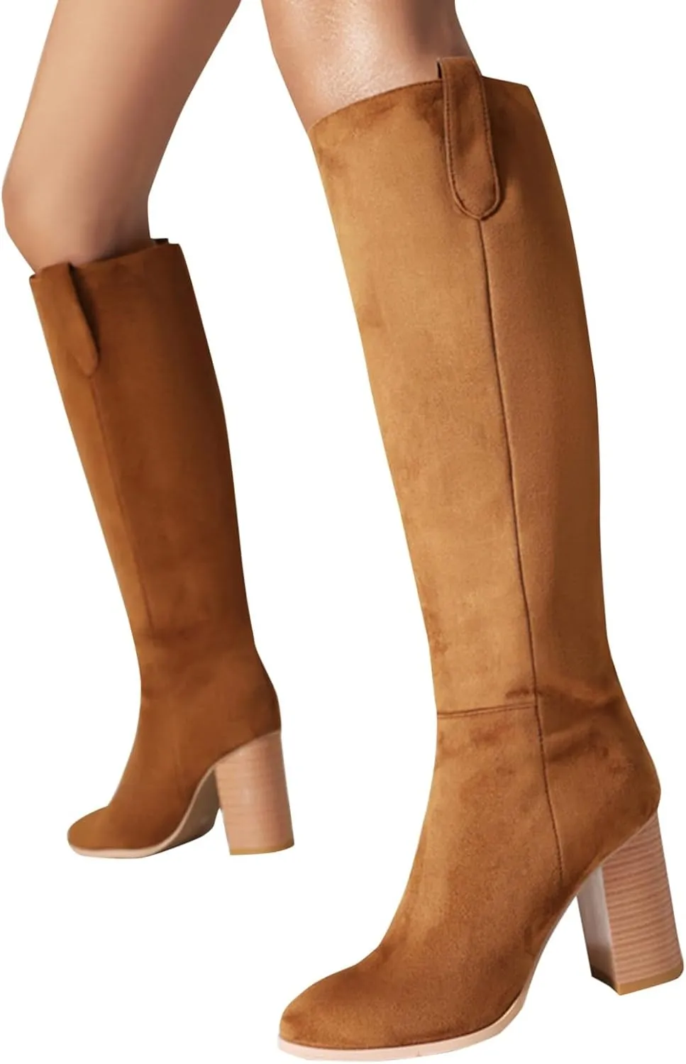 Mid Calf Boots Women Suede Boots Women's Fashion Round Toe High Heel Suede Boots Solid Color Non Slip Slip On Boots