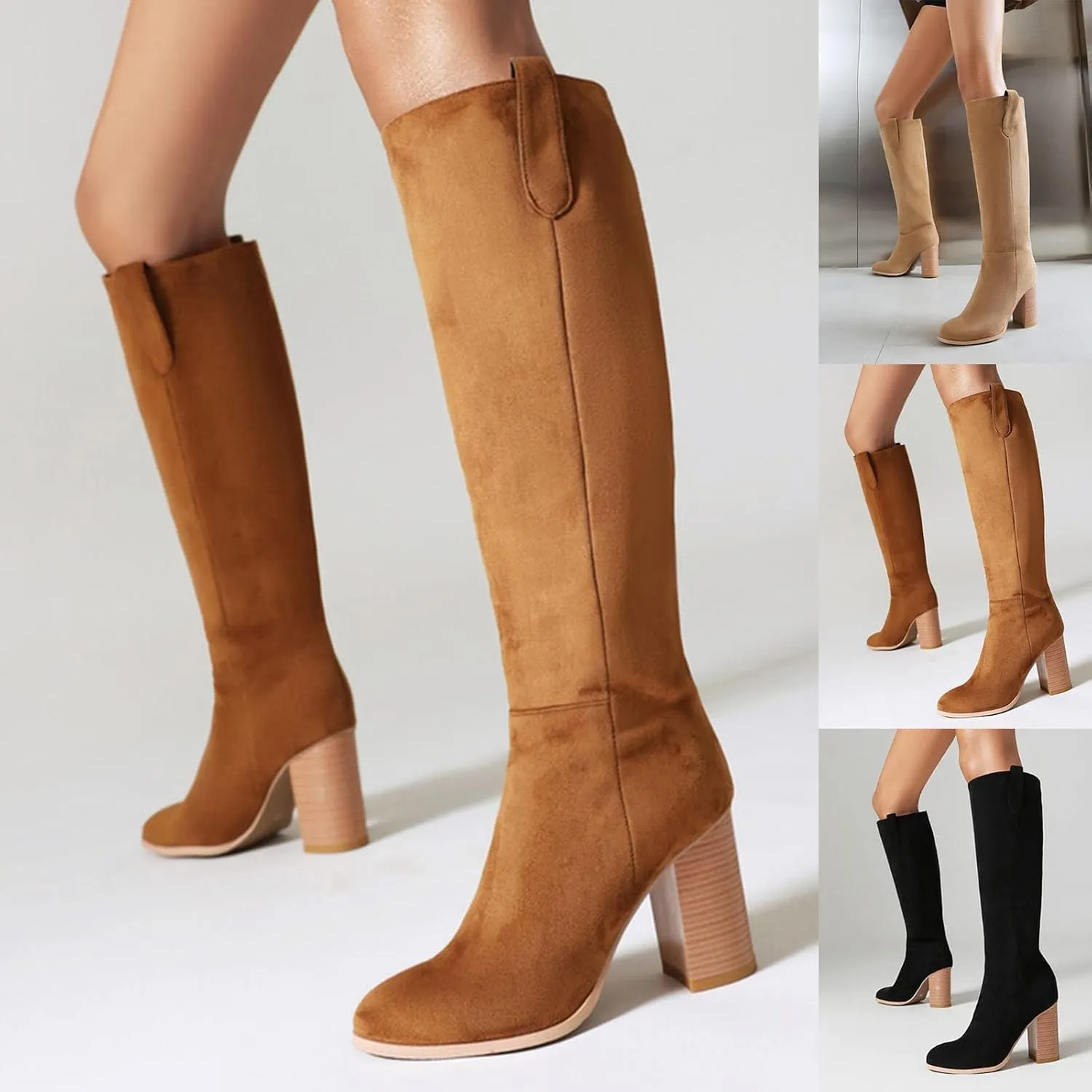 Mid Calf Boots Women Suede Boots Women's Fashion Round Toe High Heel Suede Boots Solid Color Non Slip Slip On Boots