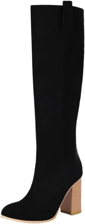 Mid Calf Boots Women Suede Boots Women's Fashion Round Toe High Heel Suede Boots Solid Color Non Slip Slip On Boots