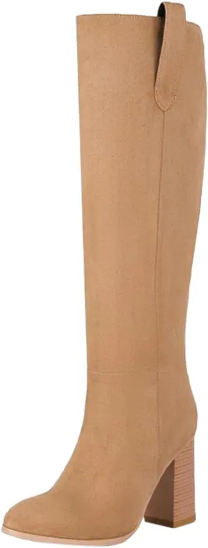 Mid Calf Boots Women Suede Boots Women's Fashion Round Toe High Heel Suede Boots Solid Color Non Slip Slip On Boots