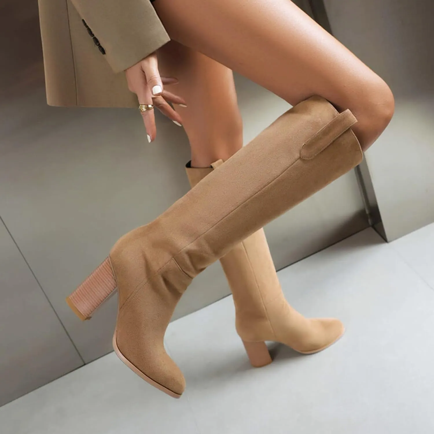 Mid Calf Boots Women Suede Boots Women's Fashion Round Toe High Heel Suede Boots Solid Color Non Slip Slip On Boots