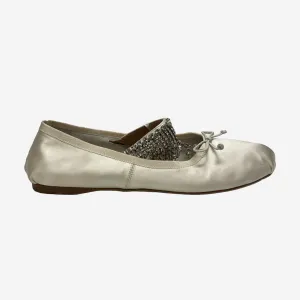 Miu Miu women's ivory satin ballet flats with embellished elastic strap