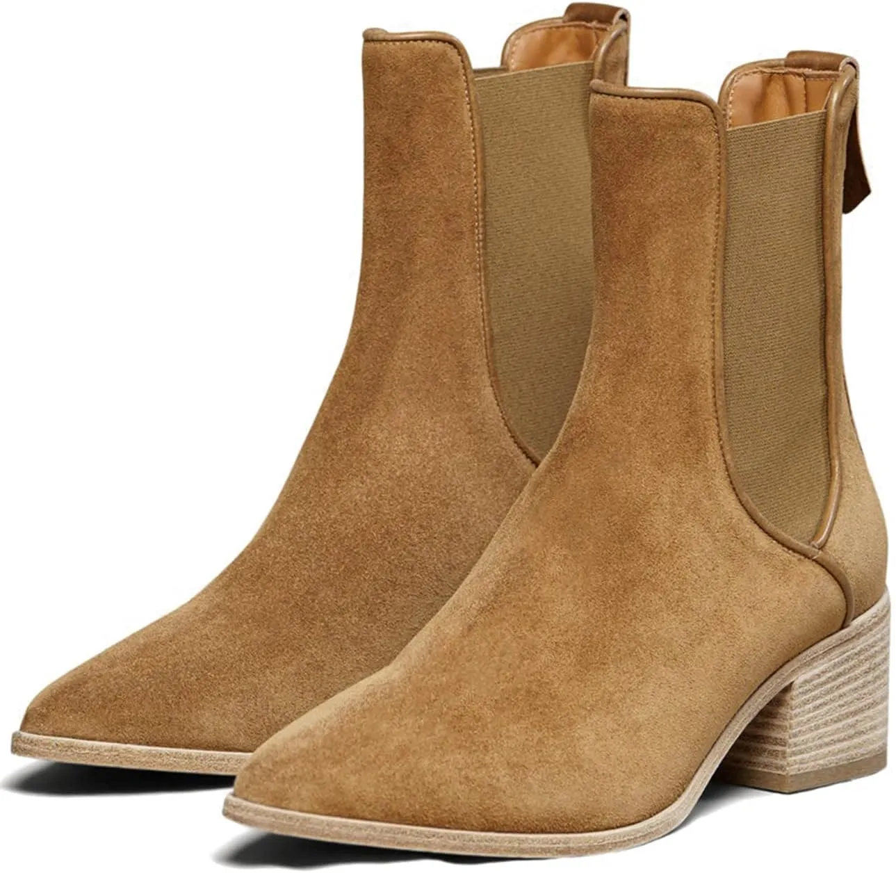 MOOMMO Women Chunky Stacked Heel Chelsea Ankle Boots Suede Leather Elastic Gore Pointed Toe Pull On Western Boots Fall Fashion Trendy 2 Block Heel Short Dress Boot Elegant Comfort Winter 4-11 M US