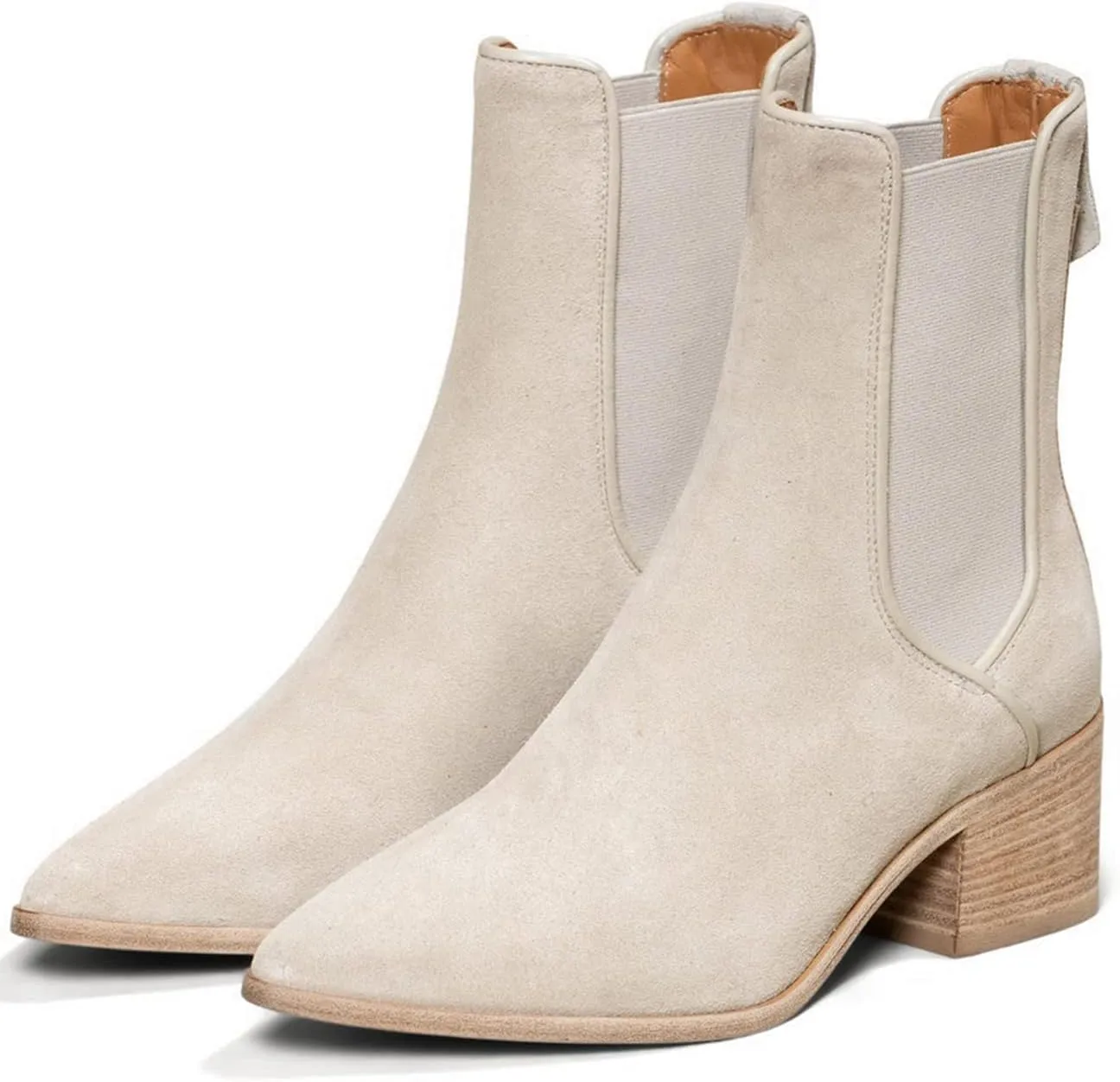 MOOMMO Women Chunky Stacked Heel Chelsea Ankle Boots Suede Leather Elastic Gore Pointed Toe Pull On Western Boots Fall Fashion Trendy 2 Block Heel Short Dress Boot Elegant Comfort Winter 4-11 M US