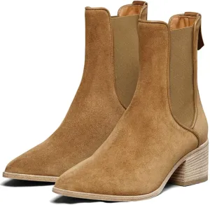 MOOMMO Women Chunky Stacked Heel Chelsea Ankle Boots Suede Leather Elastic Gore Pointed Toe Pull On Western Boots Fall Fashion Trendy 2 Block Heel Short Dress Boot Elegant Comfort Winter 4-11 M US
