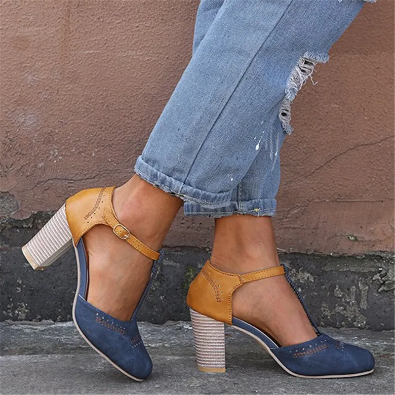 New Chunky Heel Women Retro Block Sandals