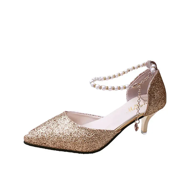 Pearl Pointed Toe Sequin Kitten Heels Pumps