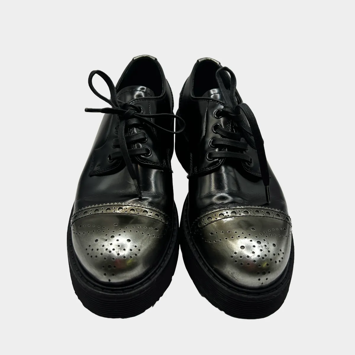 Prada women's black and silver leather platform-sole oxford shoes