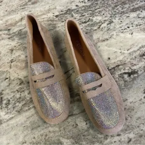 Rhinestone Cream Suede Loafers Size 8