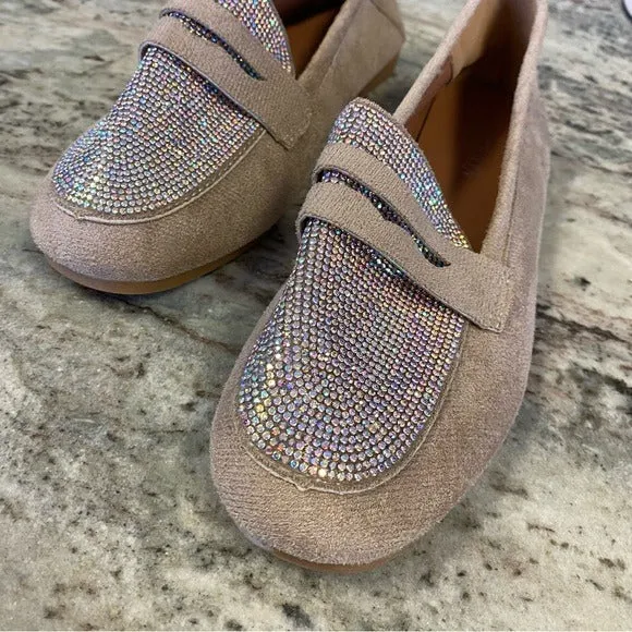 Rhinestone Cream Suede Loafers Size 8