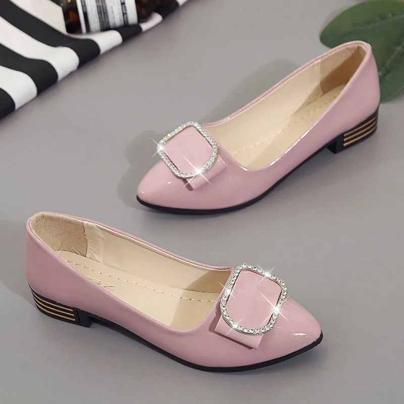 Rhinestone square buckle bow flat shoes - Women's shoes