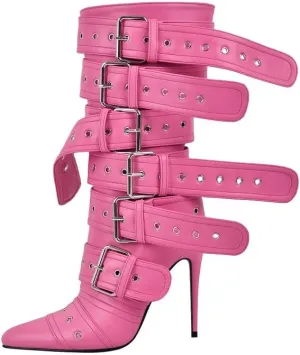 richealnini Sexy Pointed Toe Ankle Boots with Chains and Buckles Side Zip Up Stiletto Heel Mid Calf Booties