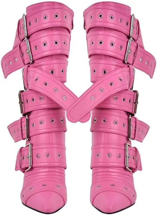 richealnini Sexy Pointed Toe Ankle Boots with Chains and Buckles Side Zip Up Stiletto Heel Mid Calf Booties