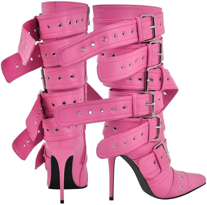 richealnini Sexy Pointed Toe Ankle Boots with Chains and Buckles Side Zip Up Stiletto Heel Mid Calf Booties