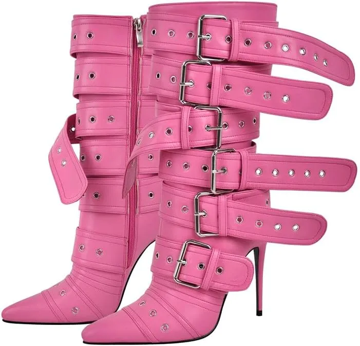 richealnini Sexy Pointed Toe Ankle Boots with Chains and Buckles Side Zip Up Stiletto Heel Mid Calf Booties
