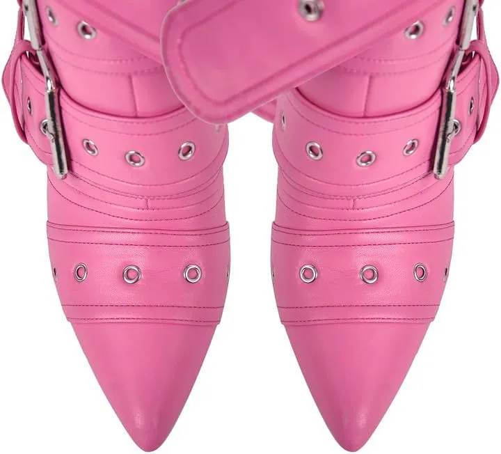 richealnini Sexy Pointed Toe Ankle Boots with Chains and Buckles Side Zip Up Stiletto Heel Mid Calf Booties