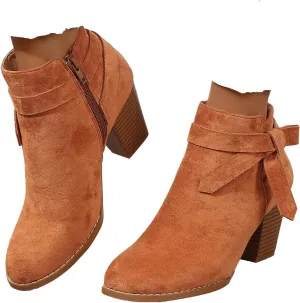 SACFOF Women's Tie Knot Chelsea Pump Ankle Boots Faux Suede Closed Toe Stacked Heel Booties Side Zipper Western Shoes