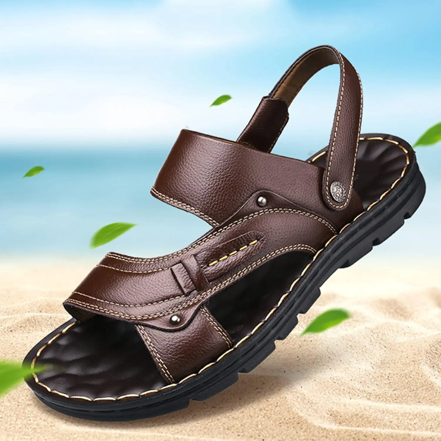 Sandals Men Summer Casual Leather Sandals Leather Beach Shoes Slip