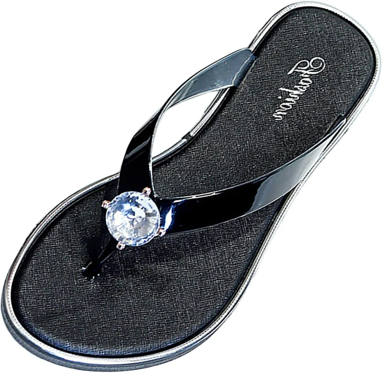Sandwiched Herringbone Women's Slippers with Rhinestone Beach Shoes Flat Furry House Slippers for Women Closed Toe