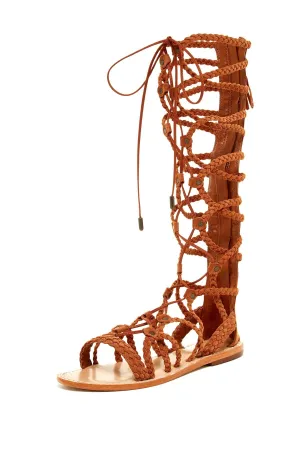 Schutz Krista Caramel Brown Leather Tie Lace Up Braided Gladiator Flat Sandals