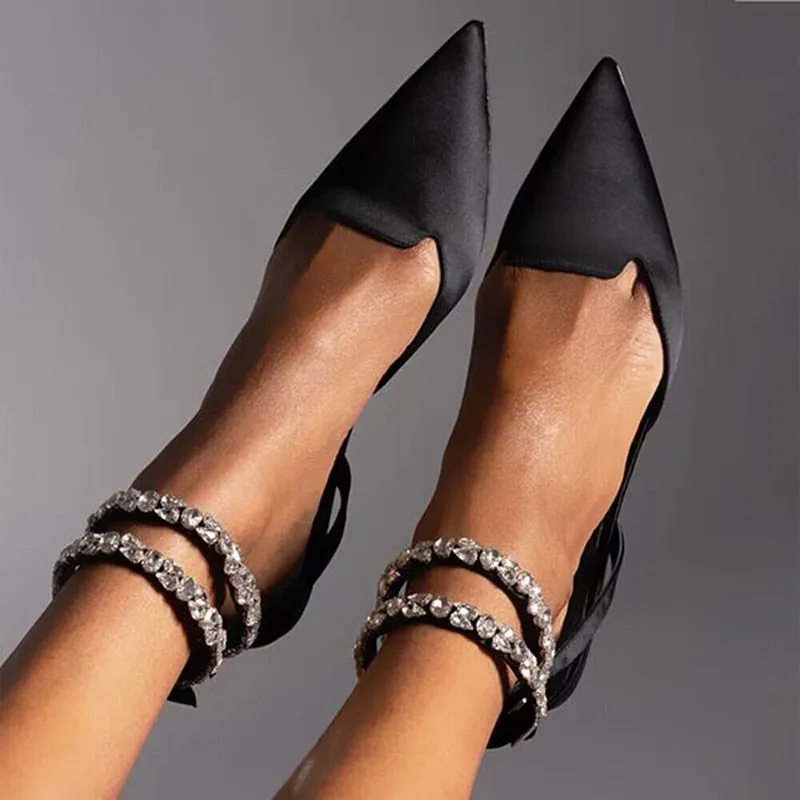 Shiny Crystal Flat Heels Gladiator Sandals Women 2023 Summer Pointed Toe Pink Party Shoes Woman Plus Size 42 Ankle Straps Pumps