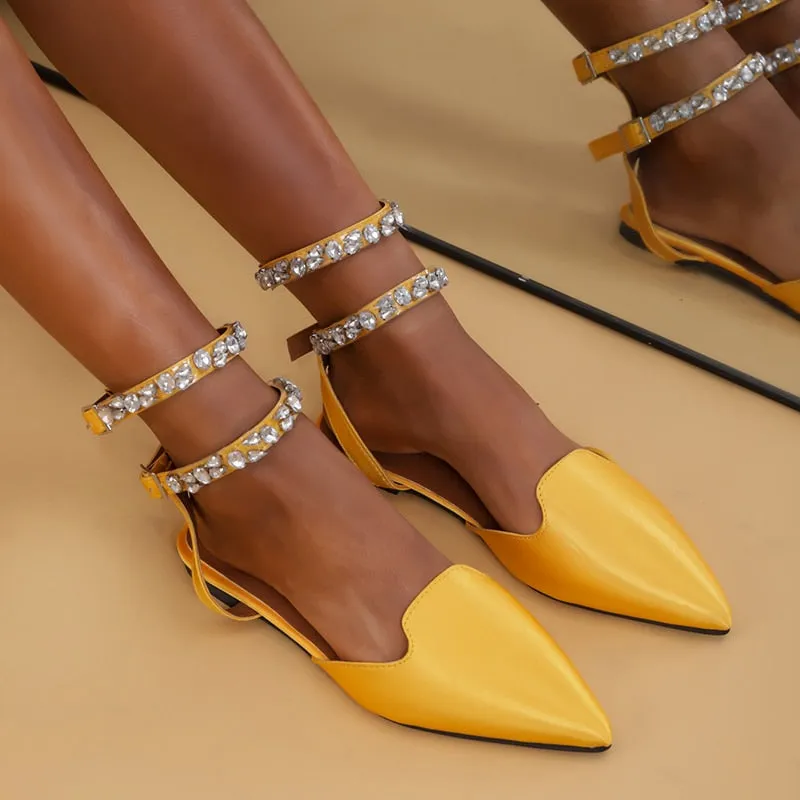 Shiny Crystal Flat Heels Gladiator Sandals Women 2023 Summer Pointed Toe Pink Party Shoes Woman Plus Size 42 Ankle Straps Pumps