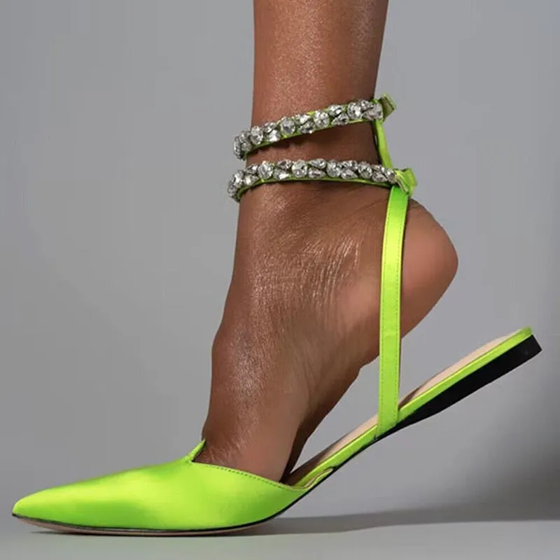 Shiny Crystal Flat Heels Gladiator Sandals Women 2023 Summer Pointed Toe Pink Party Shoes Woman Plus Size 42 Ankle Straps Pumps