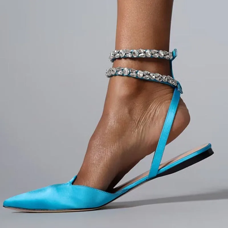 Shiny Crystal Flat Heels Gladiator Sandals Women 2023 Summer Pointed Toe Pink Party Shoes Woman Plus Size 42 Ankle Straps Pumps