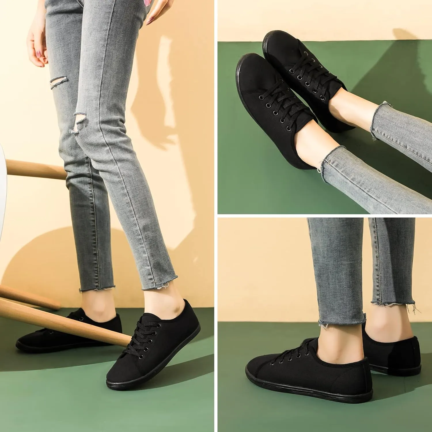 Shupua Women's Casual Canvas Sneakers, White, Lace Up Flats