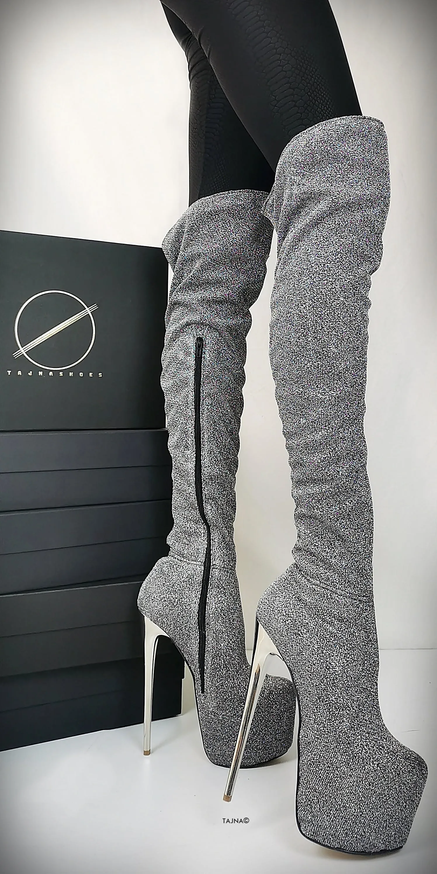 Silver Shiny Strech Long High Boots