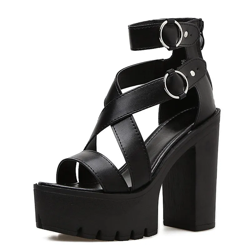 Solid Platform Women Sandals / Gothic High Heels Gladiator Shoes with Buckles