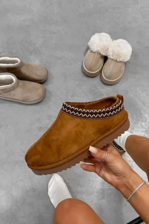 TAYLA Suede Embroidered Slippers - Camel
