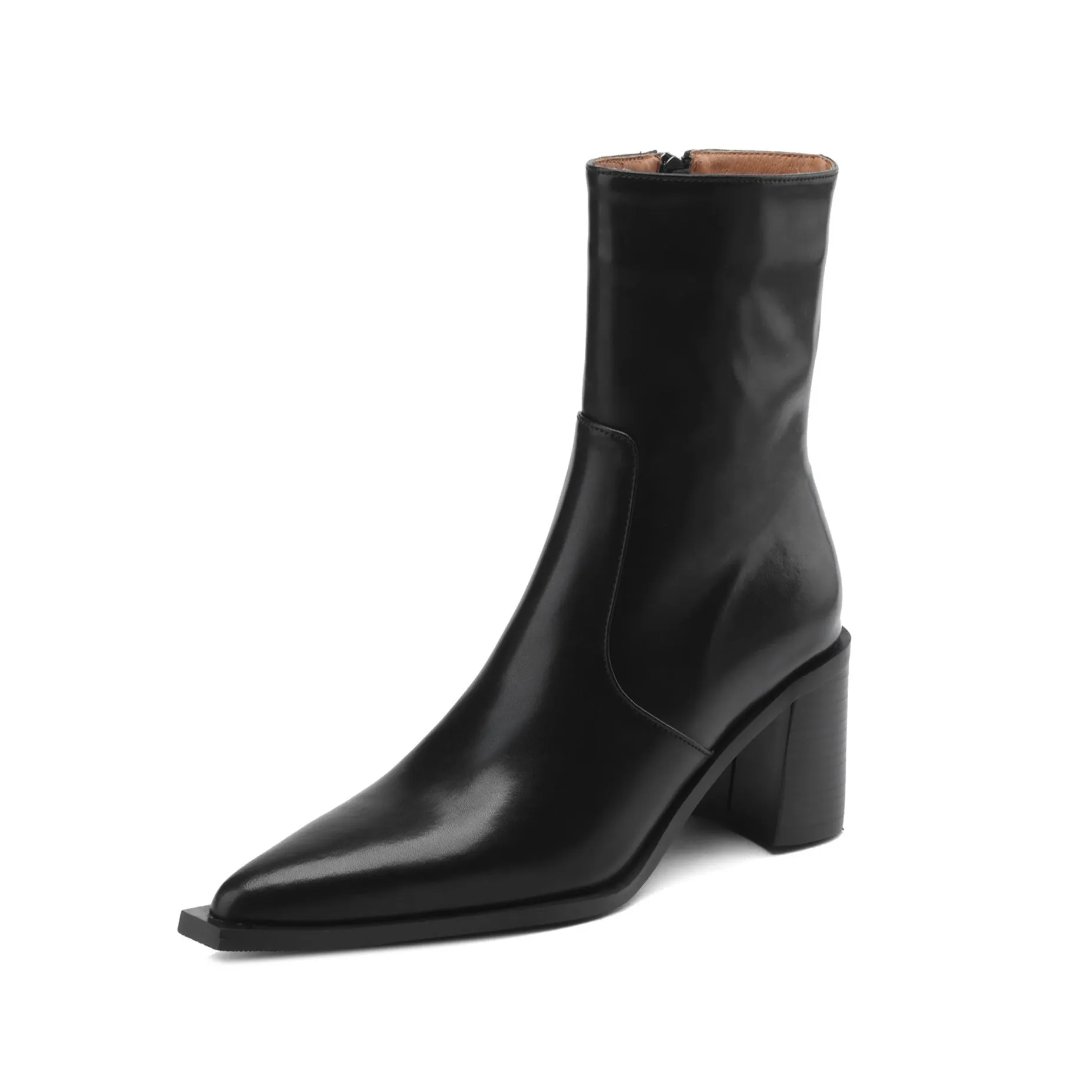 TinaCus Women's Pointed Toe Genuine Leather Handmade Chunky Heel Zip Up Mid Calf Boots